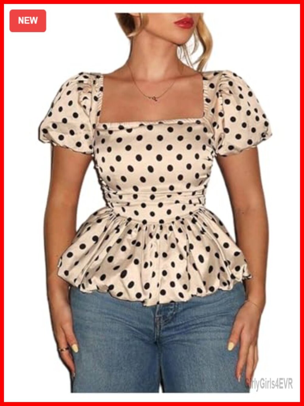 Satin Polka Dot Peplum Blouse Puff Sleeve Smocked Crop Top